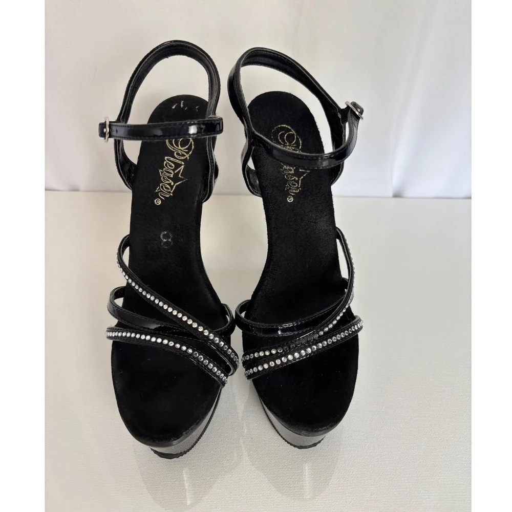 Pleaser Delight-616-3 Black Patent Platform Rhinestone Exotic Dancer Sz 7